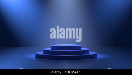 Closeup view of blank round blue platform for product advertising. 3D shaded pedestal, light from top. Dark blue background. Stock Photo