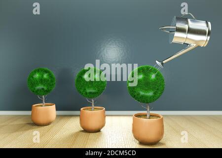 Small plants in a shape happy, sad and neutral emoticons with the happy face is watering, on wooden floor. Concept customer. 3D illustration Stock Photo