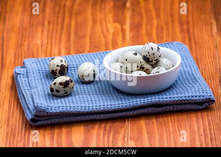 Quail eggs in white ceramic bowl on blue kitchen cloth. Top view. Detailed closeup of spotted quail eggs, rustic wooden background Stock Photo