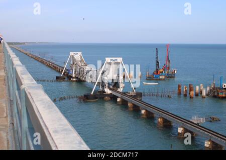 Best Top Tourist Destination The Pamban Bridge Railway Track Constructed On Indian Ocean In Rameswaram Tamil Nadu India Landscape Selective Focus Stock Photo