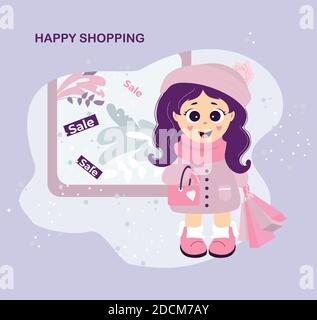 Happy shopping. Cute, beautiful girl in winter clothes with paper shopping package after the seasonal sale on a blue decorative background with leaves Stock Vector
