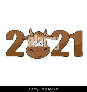 Happy 2021 new year banner. Cartoon cow or ox head on white Stock Vector
