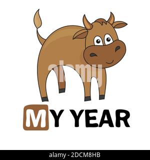 Cute cartoon bull. Baby bull, symbol of 2021 for print My year Stock Vector