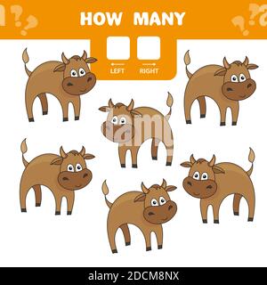 Counting children game of cartoon bulls. Kids learning collection. Count how many left and right. Preschool worksheet activity. Stock Vector