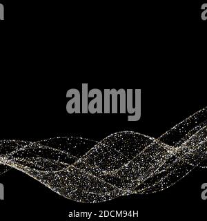 silver glitter sequins flow abstract lines isolated on black background,  illustration. Sparkling dots wave, space for text for banners, party invitat Stock Photo