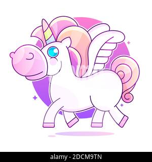 Cute Unicorn Walking On The Rainbow, Doodle Stock Vector