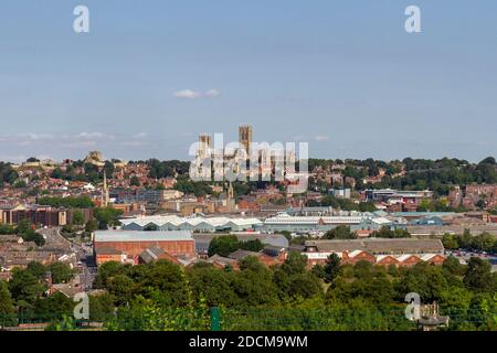 Lincoln Cathedral (with Lincoln Castle to the left) viewed from the International Bomber Command Centre grounds, Lincoln, Lincs, UK. Stock Photo