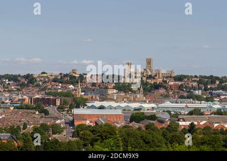 Lincoln Cathedral (with Lincoln Castle to the left) viewed from the International Bomber Command Centre grounds, Lincoln, Lincs, UK. Stock Photo