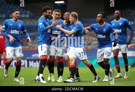 Rangers' Kemar Roofe (centre) celebrates scoring his side's second goal of the game with team-mates during the Scottish Premiership match at Ibrox Stadium, Glasgow. Stock Photo