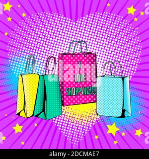 Vector bright colored background in Pop Art style. Illustration with with colorful shopping bags. Retro comic style Stock Vector