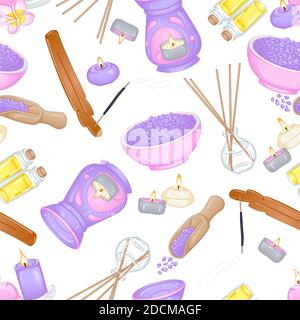 Vector seamless pattern with accessories for spa and aromatherapy. Illustration isolated on white background Stock Vector