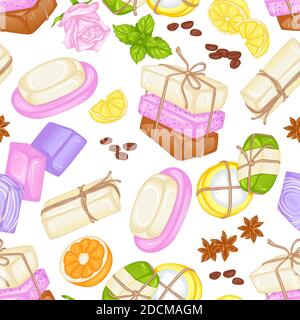 Vector seamless pattern with various types of soap and handmade soap. Illustration isolated on white background Stock Vector