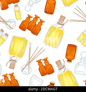 Vector seamless pattern with various types of vials and bottles for aromatic oil. Illustration isolated on white background Stock Vector