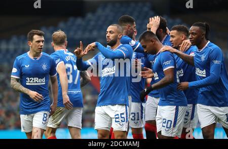 Rangers' Kemar Roofe (centre) celebrates scoring his side's second goal of the game with team-mates during the Scottish Premiership match at Ibrox Stadium, Glasgow. Stock Photo