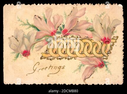 Embossed Christmas card with cut-out design of interlocking gold rings, surrounded by pink cyclamens on the front. The cyclamens are outlined in traces of glitter. Greetings. Remembrance. Reason's whole pleasure, / All the joy of sense,/ Lie in three words / Health, Peace, and Competence / Pope. Stock Photo