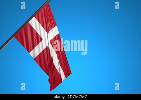 3D illustration of the national flag of Denmark on a metal flagpole fluttering against the blue sky.Country symbol.