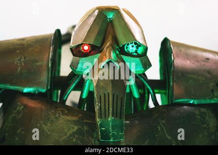 Moscow, November 21, 2020: Close-up of the head of an evil robot or villain. Stock Photo