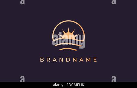 Ocean wave and sun in a circle with a gold line art style suitable for logo and icon Stock Vector