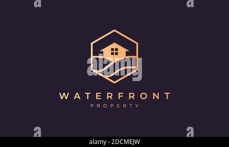 hotel logo with a hexagon base shape with ocean wave and window Stock Vector
