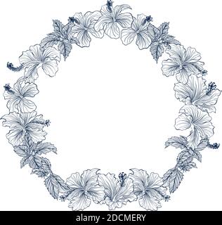 Vector vintage round frame with flowers hibiscus. Illustration isolated on white background. Template for wedding and birthday card, invitation, greetings. Stock Vector