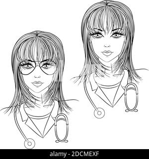 Profession. Portrait of a young beautiful woman doctor in uniform and glasses. Vector line art illustration isolated on white background. Stock Vector