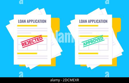 Rejected and approved credit or loan forms set with claim form on it, paper sheets isolated on blue background Stock Vector