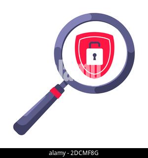 Shield with padlock on it security protection symbol in the magnifier circle glass. Stock Vector