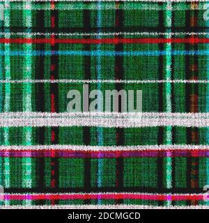 Variegated multicolor tapestry plaid woven texture. Space dyed watercolor effect knit check background. Fuzzy thin grungy textile material. Tufted Stock Photo