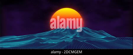 80s background retro landscape. Futuristic neon 1980s style. Cyber surface. Party background. Retro 80s fashion Sci-Fi Summer Landscape Background. Stock Vector
