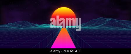 80s background retro landscape. Futuristic neon 1980s style. Cyber surface. Party background. Retro 80s fashion Sci-Fi Summer Landscape Background. Stock Vector