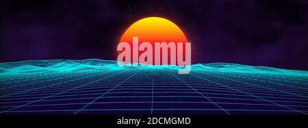 80s background retro landscape. Futuristic neon 1980s style. Cyber surface. Party background. Retro 80s fashion Sci-Fi Summer Landscape Background. Stock Vector