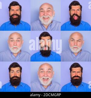 Different emotions. Collage of different emotions. Emoticon set. Emotion set of mans. Face expression. Set of human emotions. Funny faces Stock Photo