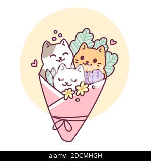 Cute cartoon cat bouquet drawing. Hand drawn kawaii kitties with flowers. Simple doodle vector illustration. Stock Vector