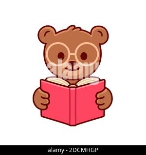 Cute cartoon teddy bear in glasses (spectacled bear) reading a book. Adorable illustration for children, isolated vector clip art. Stock Vector