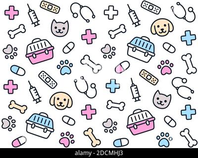 Cute vet seamless pattern. Hand drawn background of pet faces and veterinary equipment. Stock Vector