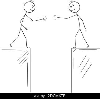 Vector cartoon stick figure illustration of two men or businessmen or Politicians going to shake hands when divided by chasm or gulf. Concept of agreement, deal or cooperation. Stock Vector