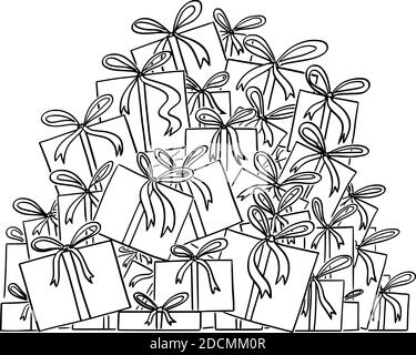 Cartoon vector black and white illustration or drawing of big pile of christmas presents or gifts. Stock Vector