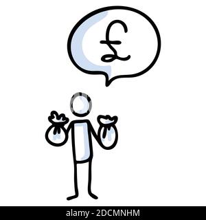 Hand drawn stickman with money bags with pound sign speech bubble. Simple outline financial doodle icon clipart. For economy profit sketch Stock Vector