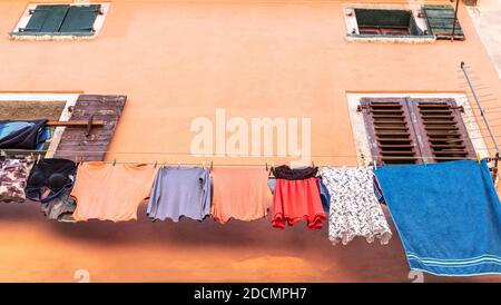 Typical Mediterranean Old Town Alley. Made At Summertime In The Famous Croatian Town Rovinj In Southern Europe. Stock Photo