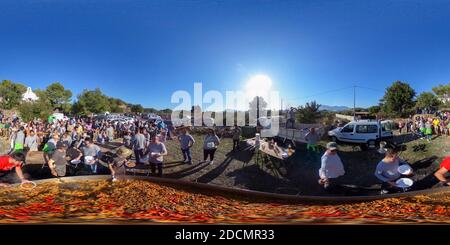 360 degree panoramic view of Giant Paella is prepared during the Fiesta de Santa Barbara next to the small chapel of Sta Barbara near the small village of Altea La Vella, Alicante