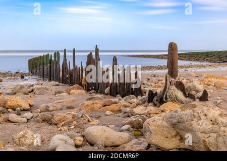 The beach at low-tide at Villers-sur-Mer, Normandy, France (Long Exposure) Stock Photo