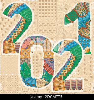 Hand-painted art design. Color hand drawn illustration. Number two thousand and twenty one zentangle object. Stock Vector