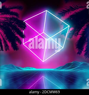 Neon 3d cube on retro background landscape. Glowing cube cosmos poster ...