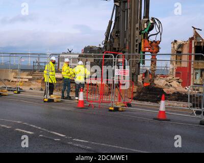 Construction of the new Regent Cinema on seafront at Redcar pile boring machine making holes for casting in-situ concrete piles Stock Photo