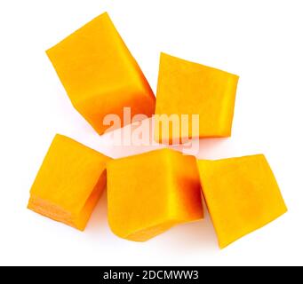 Fresh sliced pumpkin isolated on white background. Autumn Pumpkin. Top view. Flat lay Stock Photo