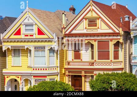 San Francisco, California, United States - Aug 17, 2016: two of Seven Sisters or Painted Ladies Victorian Houses in Haight-Ashbury, famous for variety Stock Photo