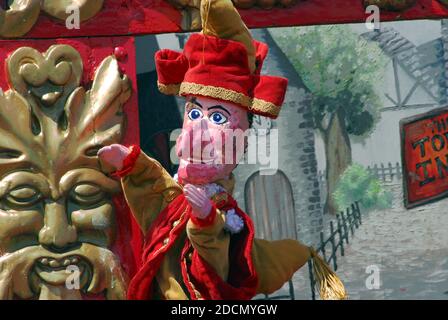 Close up of Mr Punch puppet in a Punch and Judy Show. Such shows are an old, traditional feature of the British Seaside or end of pier children's show Stock Photo