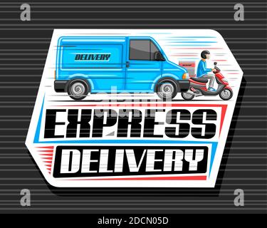 Vector logo for Express Delivery, white sticker with illustration of truck in motion and courier on motorcycle with delivery box, decorative signage w Stock Vector