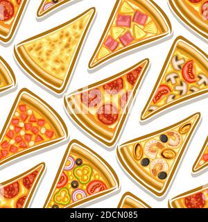 Vector Pizza Seamless Pattern, square repeating pizza background, group of cut out illustrations flat lay triangle pizza slices of assorted types on w Stock Vector