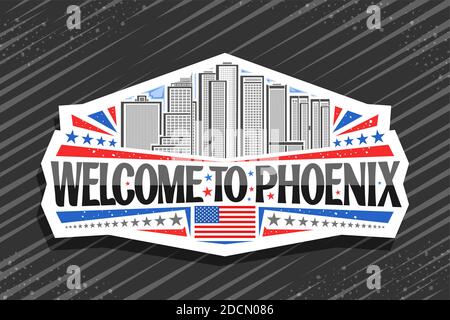 Vector logo for Phoenix, white decorative sticker with illustration of famous phoenix city scape on day sky background, art design fridge magnet with Stock Vector